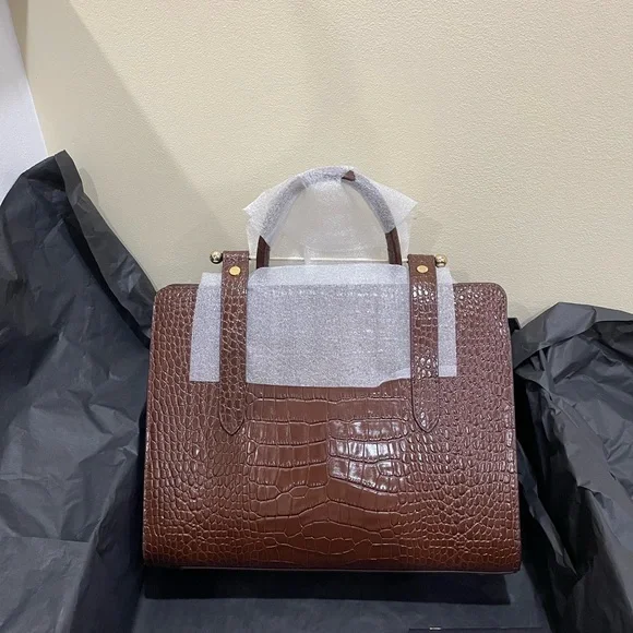 Strathberry Chocolate Croc-Embossed Satchel - Picture 3 of 11